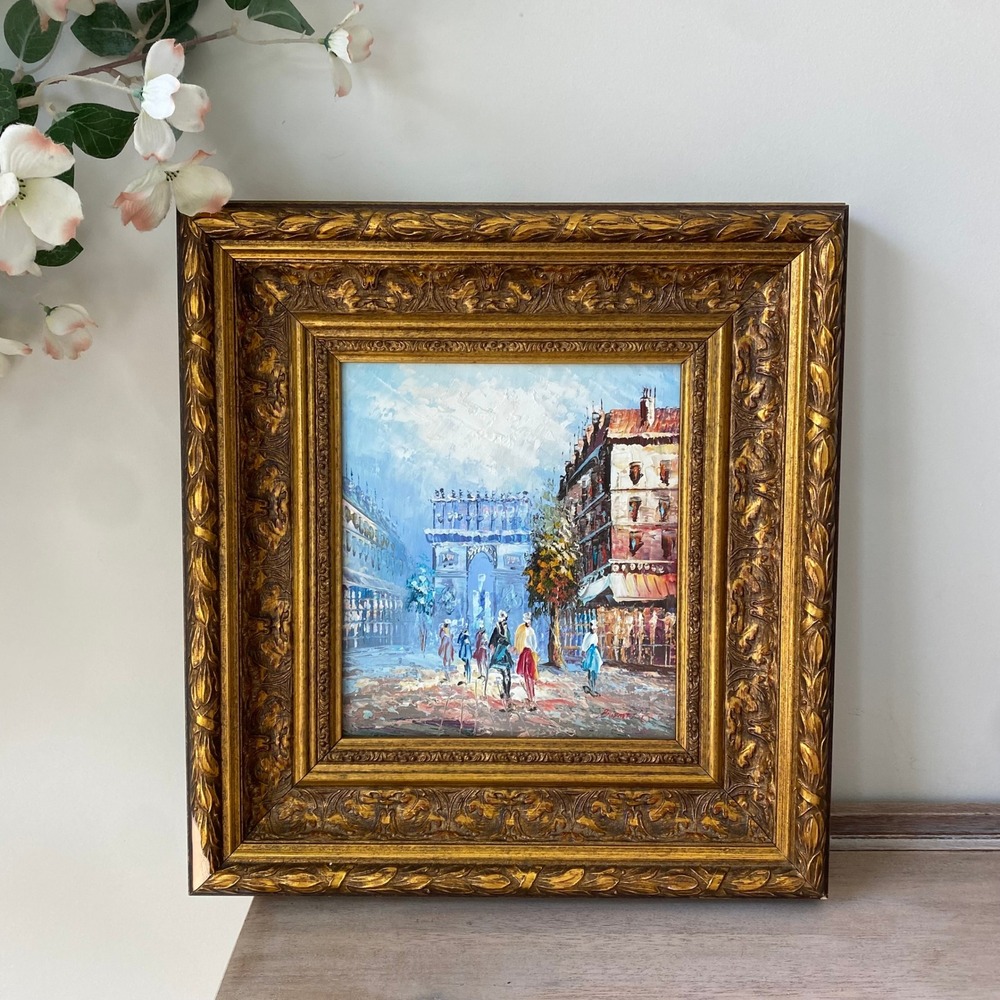 Arc De Triomphe Street Scene Original Painting Signed Gild Ornate Frame